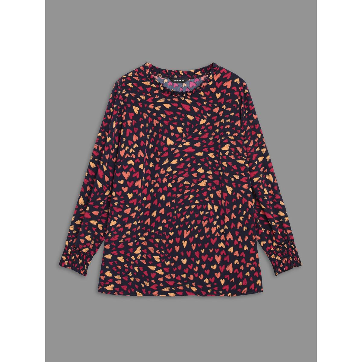 Plus Size Indigo Hearts All Over Ruffled Neckline Blouse Women Elegant Extra Long Sleeve Round Neck Everyday Blouses BloomChic 30/6X Product Image