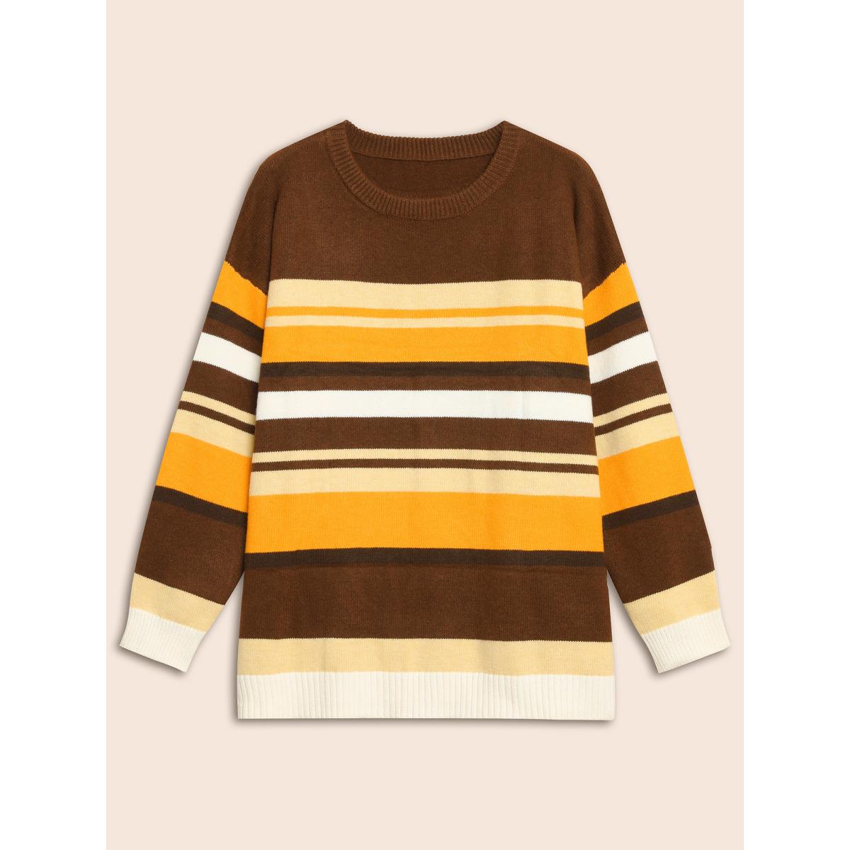 Plus Size Contrast Striped Drop Shoulder Sleeve Pullover Multicolor Women Casual Long Sleeve Round Neck Everyday Pullovers BloomChic 28/5X Product Image