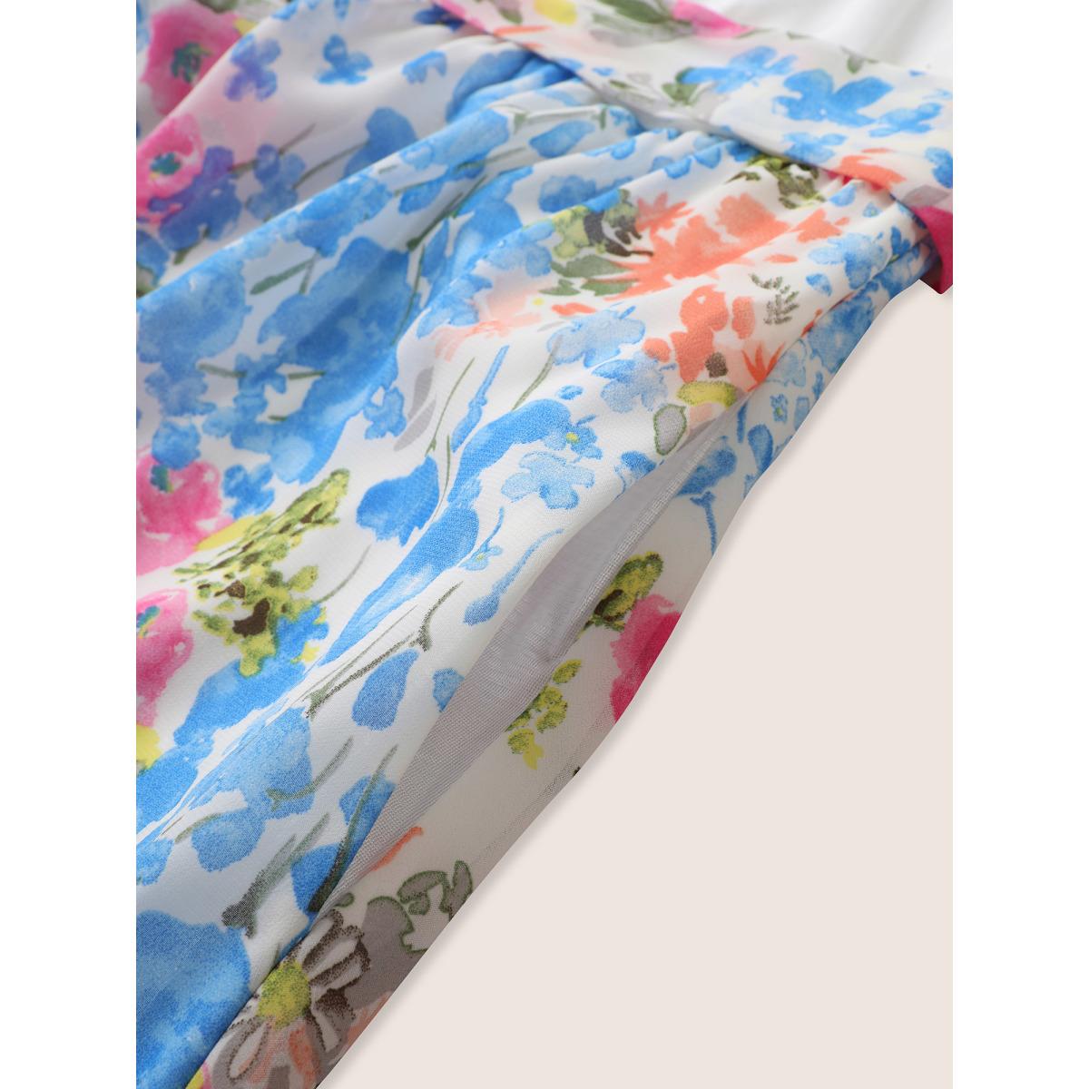 Plus Size Overlap Collar Patchwork Floral Midi Dress Ivory Women Elegant Belted Overlap Collar Short sleeve Curvy BloomChic 28/5X Product Image