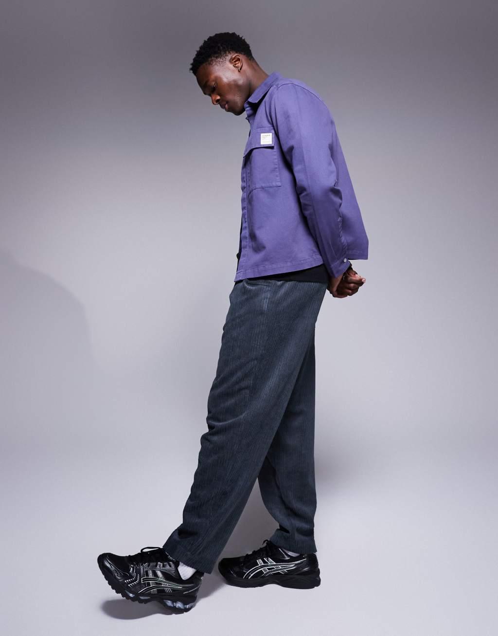 ASOS DESIGN boxy overshirt with badge in navy Product Image