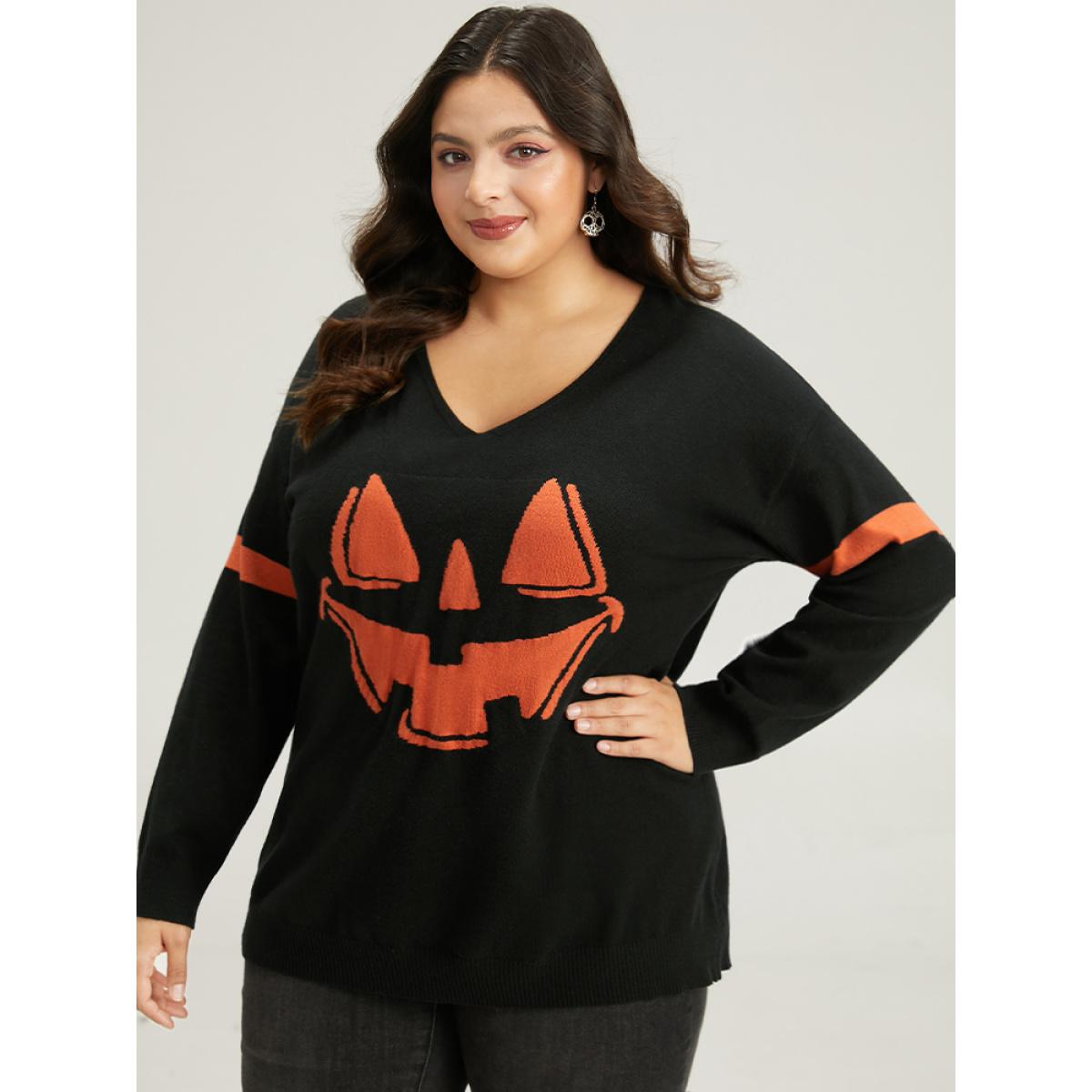 Plus Size Anti-Pilling Halloween Graphic Pullover Black Women Casual Loose Long Sleeve V-neck Festival-Halloween Pullovers BloomChic 28/5X Product Image