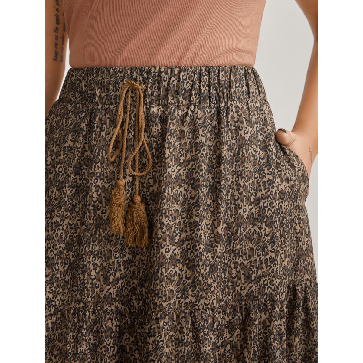 Plus Size Leopard Print Tiered Midi Skirt Women DarkBrown Bodycon High stretch Side seam pocket Casual Skirts BloomChic 12/L Product Image
