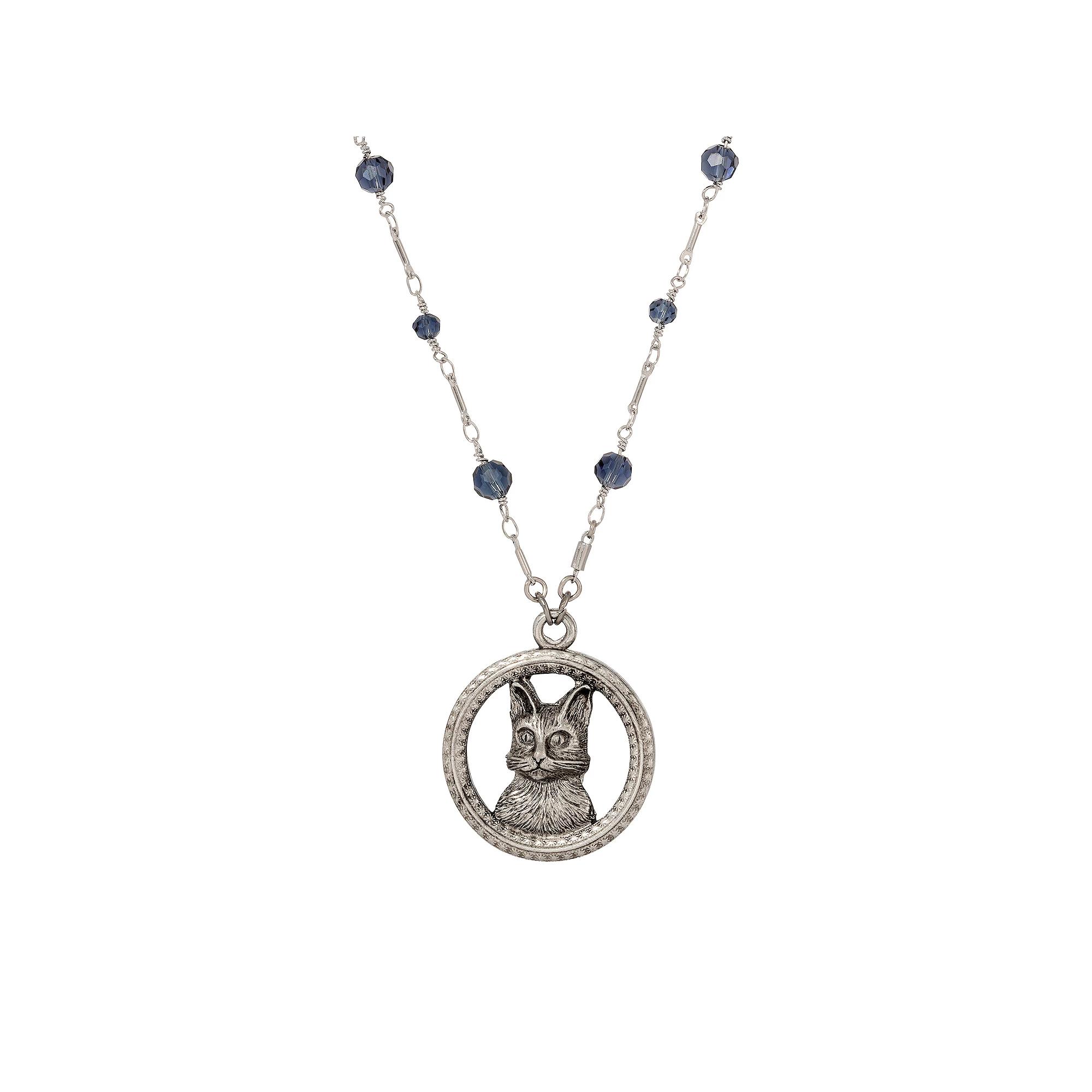 1928 Silver Tone Glass Bead Chain Cat Necklace, Womens, Blue Product Image
