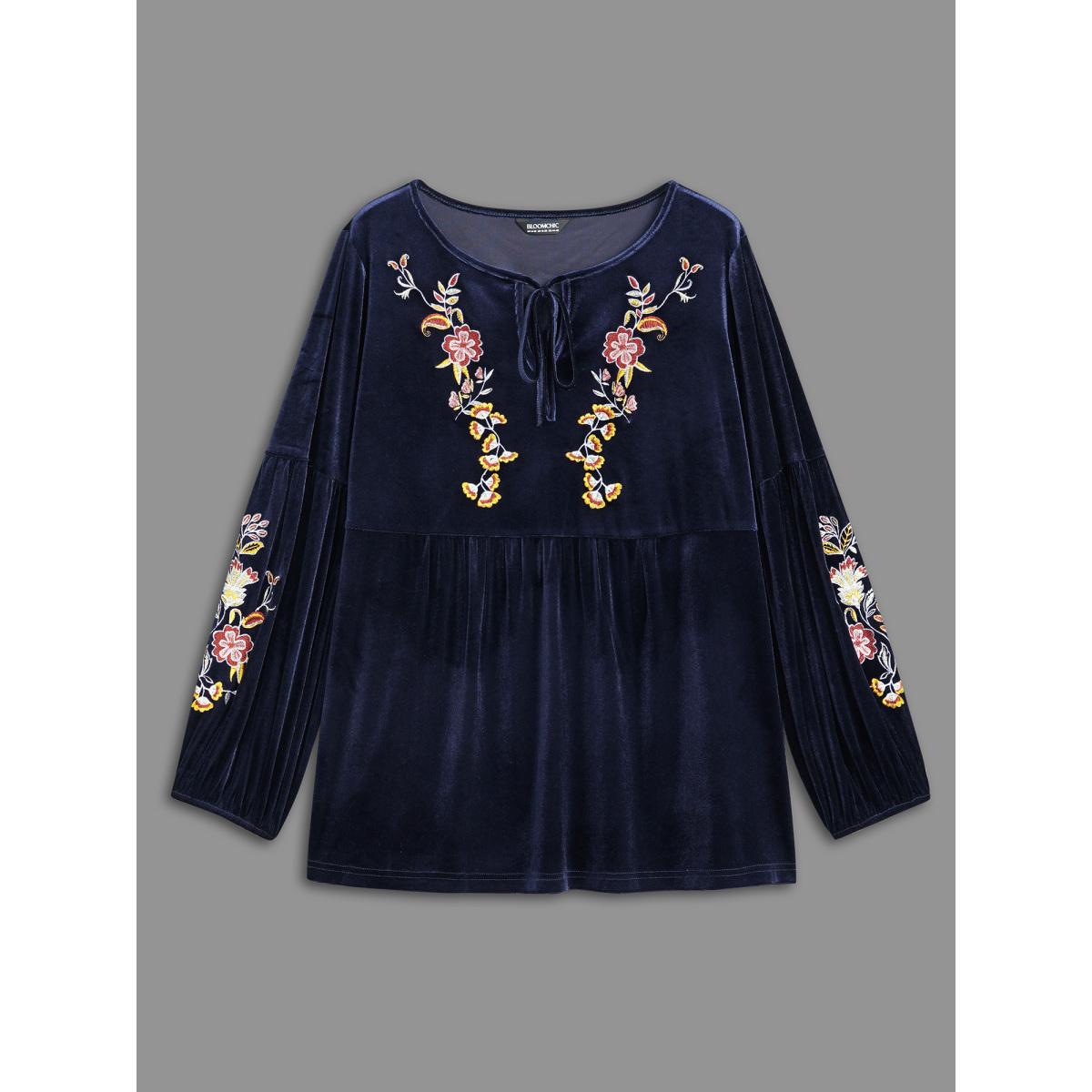 Plus Size Indigo Floral Embroidered Velvet Tie Knot Blouse Women Elegant Long Sleeve V-neck Everyday Blouses BloomChic 14-16/1X Product Image