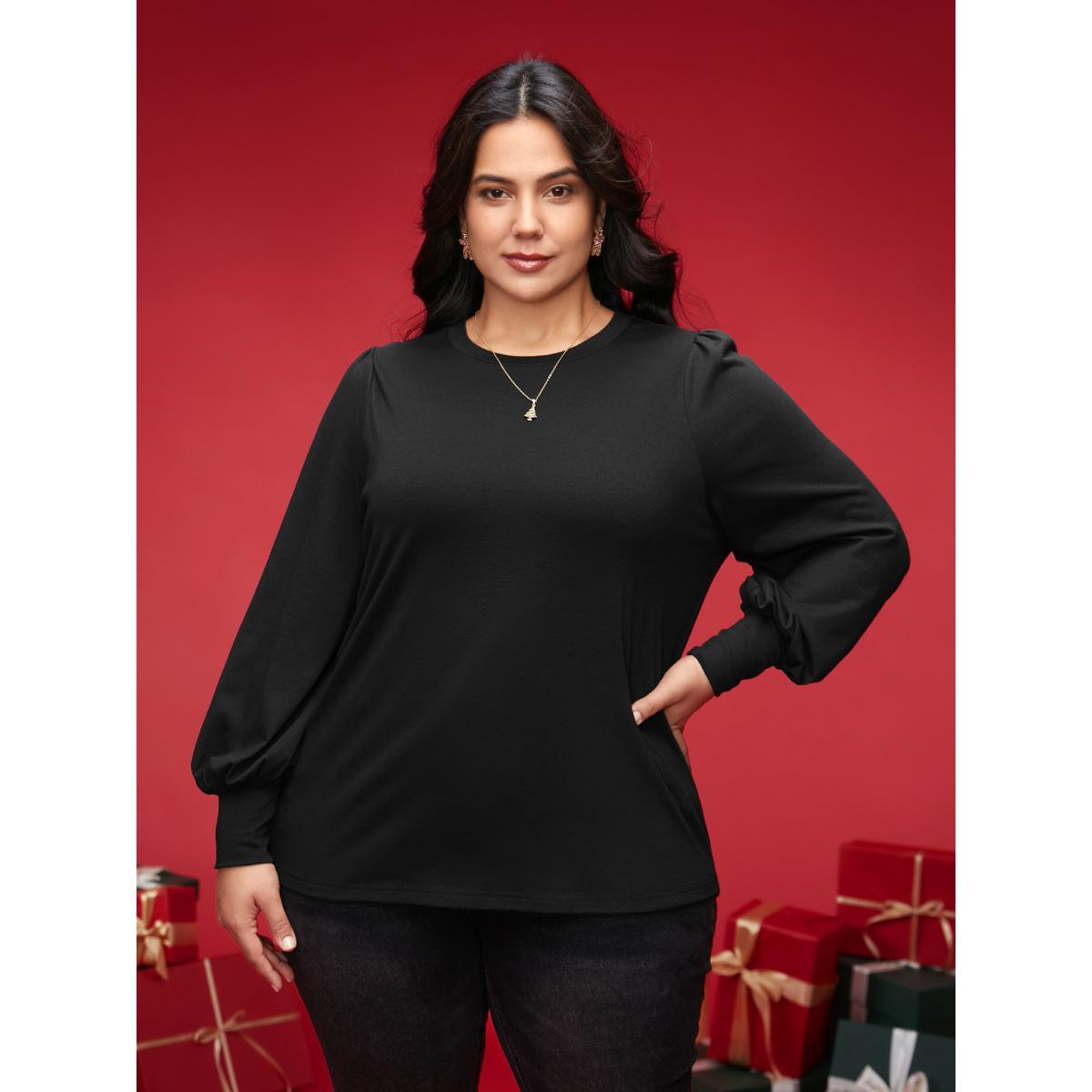 Plus Size Round Neck Balloon Sleeves A-line Tee Black Women Timeless Gathered Round Neck Elegant T-shirts BloomChic 12/L Product Image