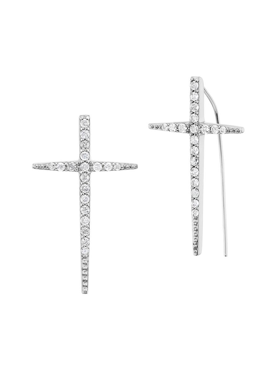 Womens Baby Sterling Silver & 0.35 TCW Diamond Cross Stick Earrings Product Image
