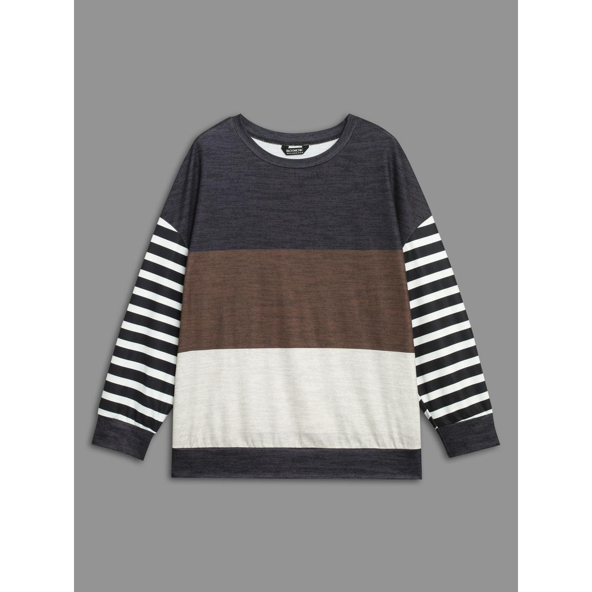 Plus Size Round Neck Striped Patchwork Contrast Sweatshirt Women Multicolor Casual Contrast Loose Round Neck Everyday Sweatshirts BloomChic 18-20/2X Product Image
