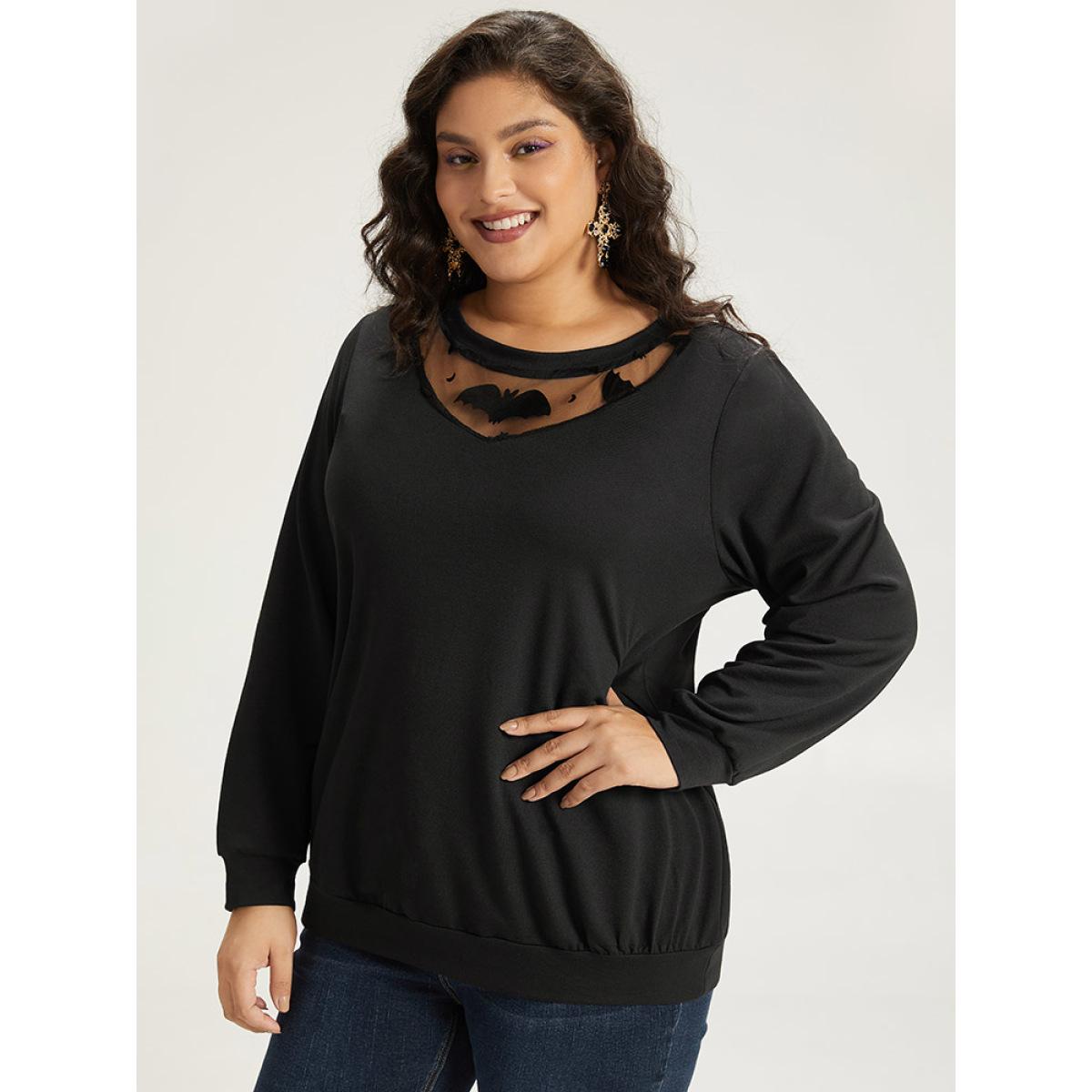 Plus Size Halloween Bat Print Mesh Patchwork Sweatshirt Women Black Elegant Elastic cuffs Round Neck Festival-Halloween Sweatshirts BloomChic 28/5X Product Image