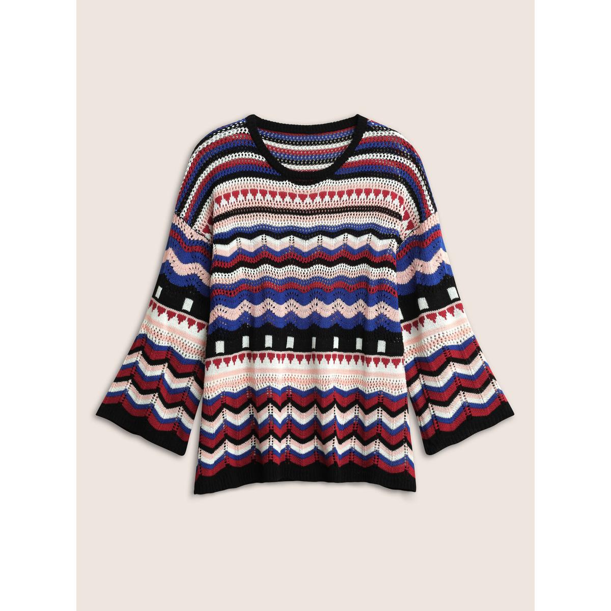 Plus Size Striped Contrast Hollow Out Drop Shoulder Pullover DarkBlue Women Resort Long Sleeve Round Neck Vacation Pullovers BloomChic 10/M Product Image