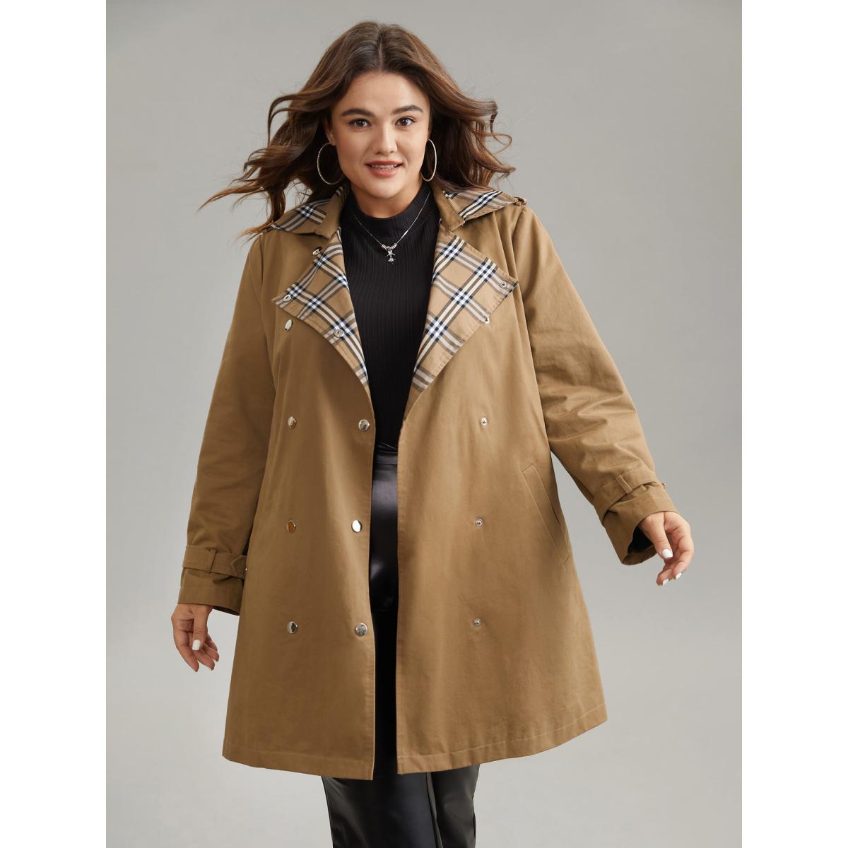 Plus Size Plaid Contrast Belted Double Breasted Coat Women Tan Elegant Lined Ladies Dailywear Winter Coats BloomChic 22-24/3X Product Image
