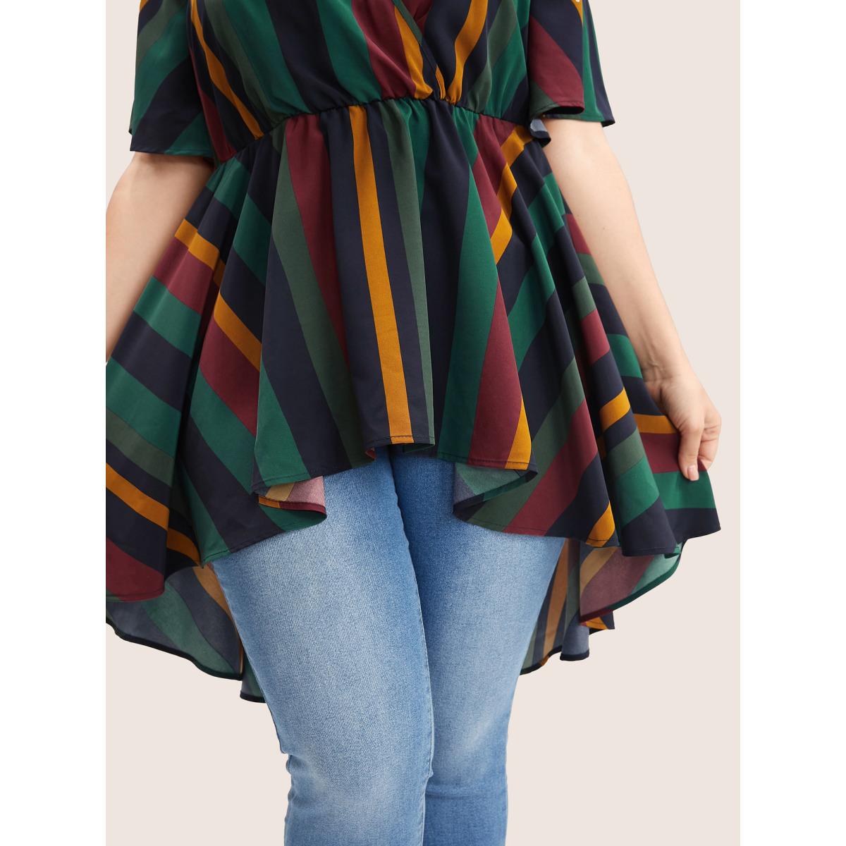 Striped Elastic Waist Plus Size Women Blouses Vacation Multicolor Bodycon Ruffle Sleeve Short Sleeve V Neck Dailywear Blouses BloomChic Product Image