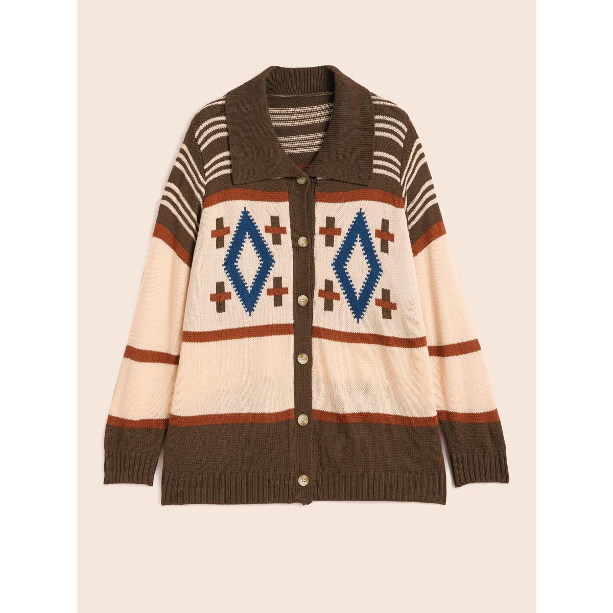 Plus Size Geometric Pattern Collared Front Button Cardigan Multicolor Women Casual Loose Long Sleeve Everyday Cardigans BloomChic 18-20/2X Product Image