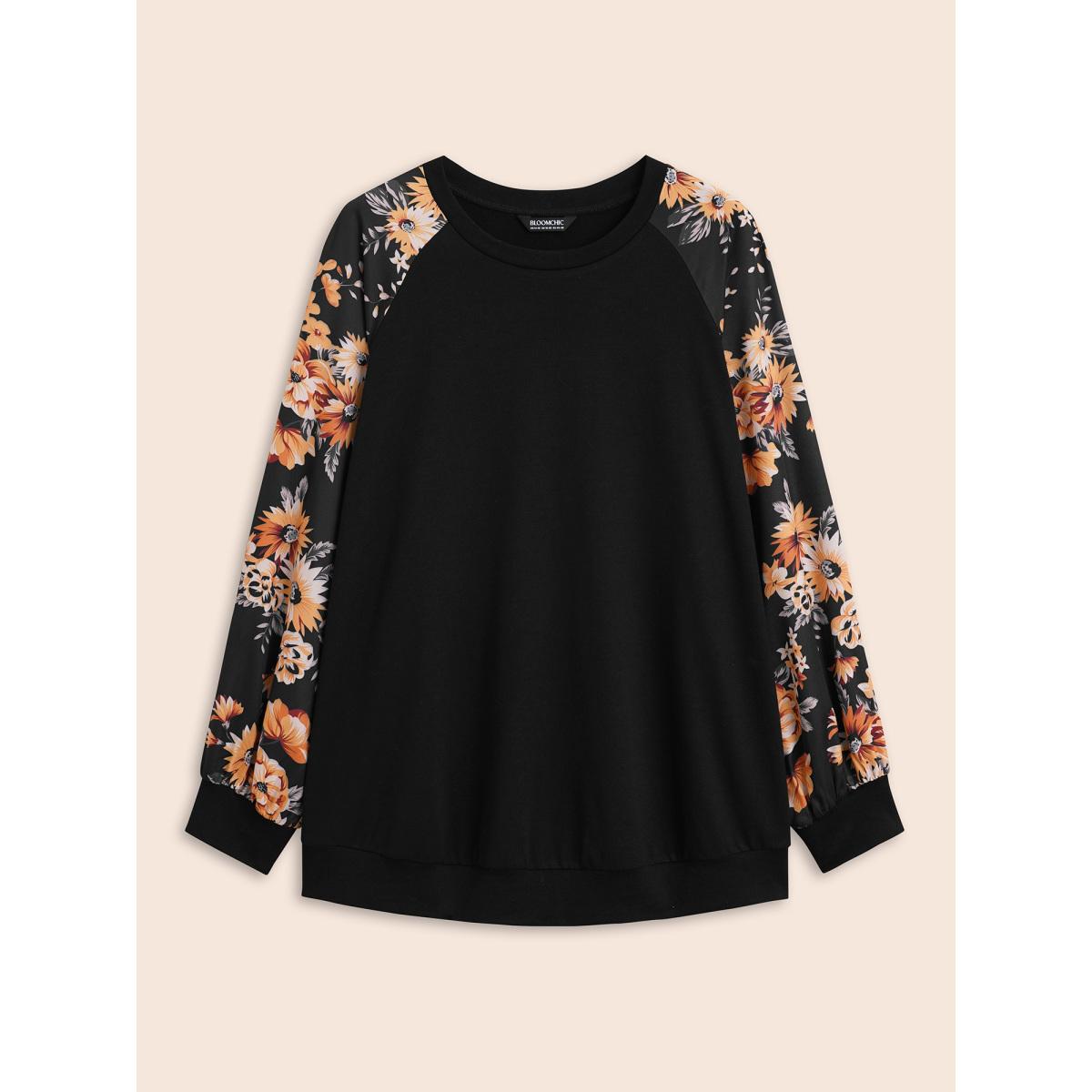 Plus Size Halloween Floral Patchwork Print Raglan Sleeve Sweatshirt Women Black Leisure Elastic cuffs Round Neck Casual Sweatshirts BloomChic 30/6X Product Image