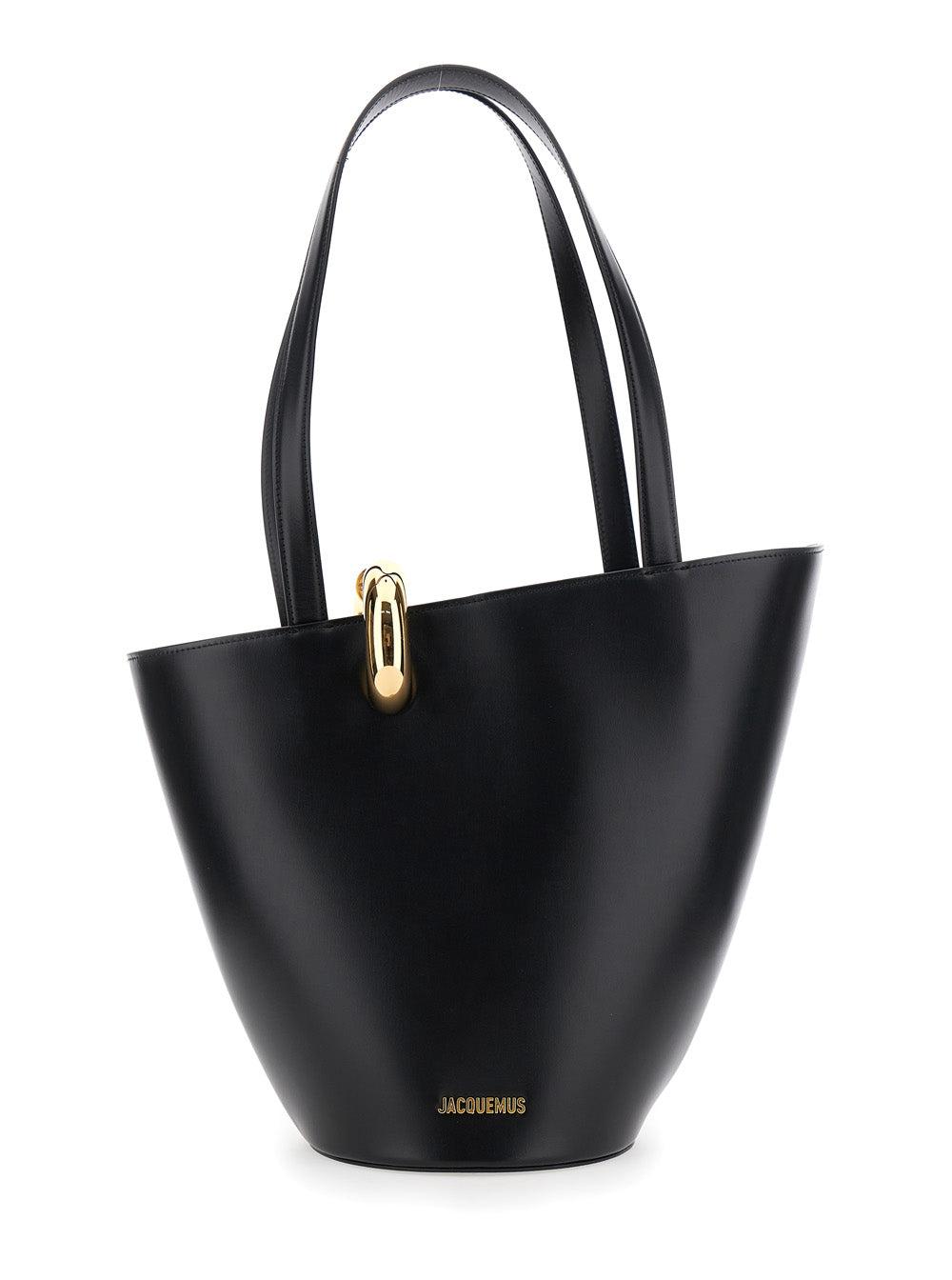 JACQUEMUS The Medium Bambola Asymmetric Leather Bucket Bag In Black 990 Product Image