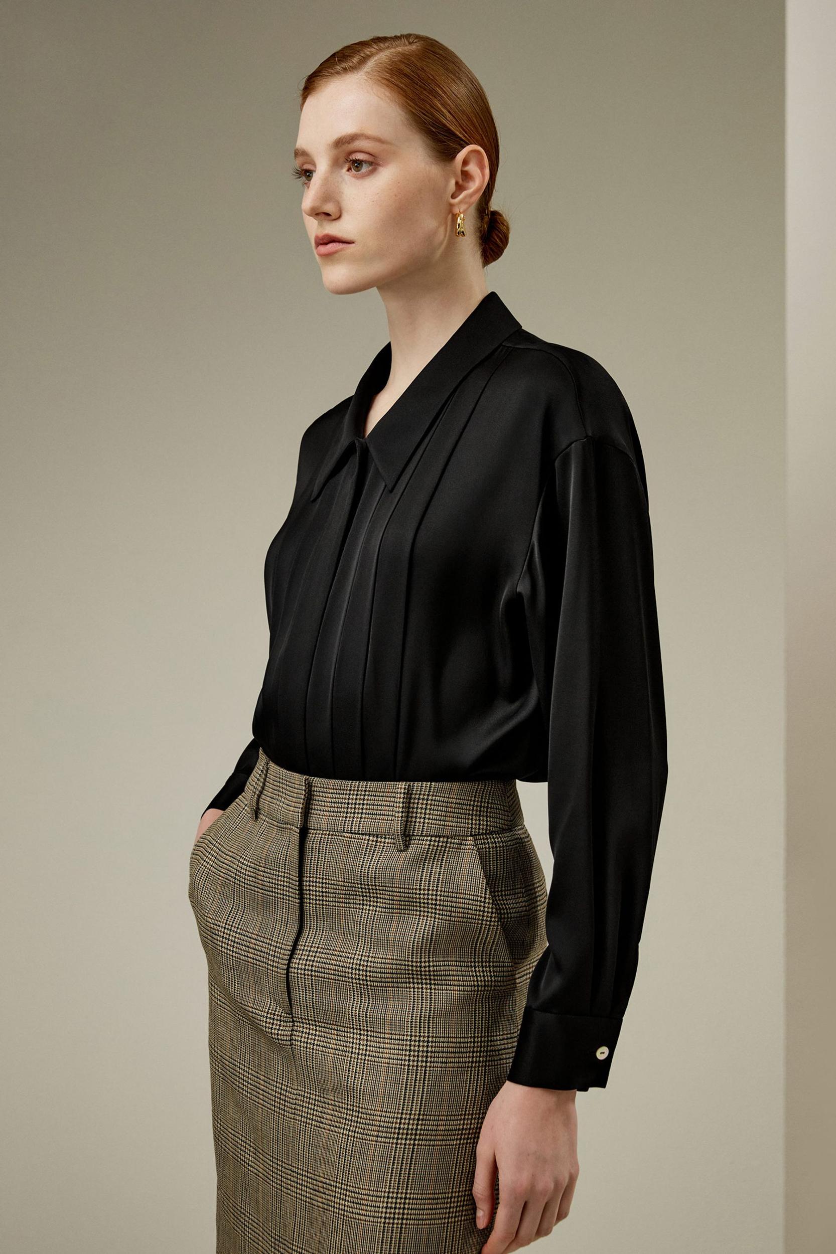 Pleated Shirt-Collar Silk Blouse Product Image