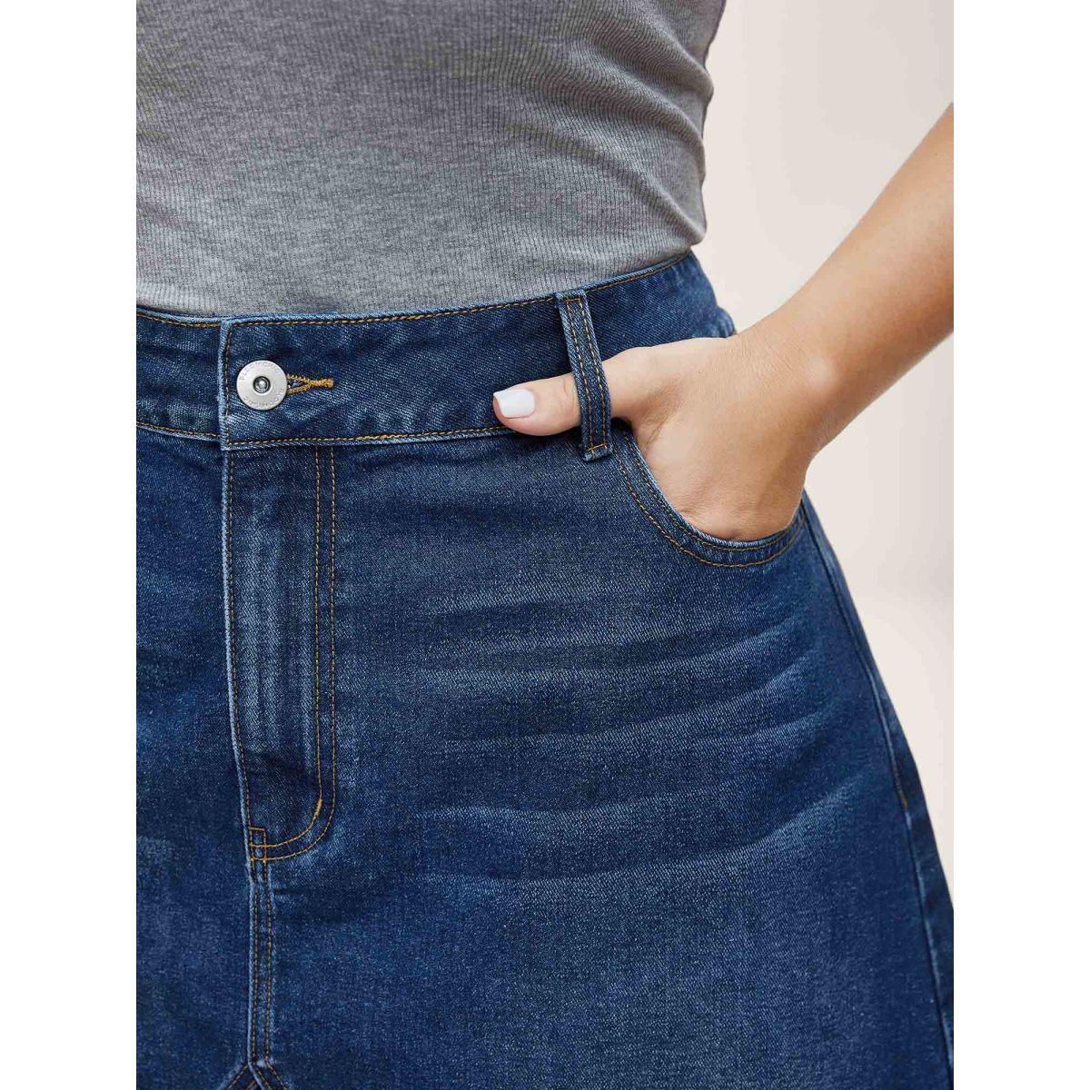 Plus Size A-Line Crisscross Lines Denim Skirt Women Midblue Everyday-Casual No stretch Medium Wash 16/1X Slanted pocket Basics Denim Skirts BloomChic Product Image