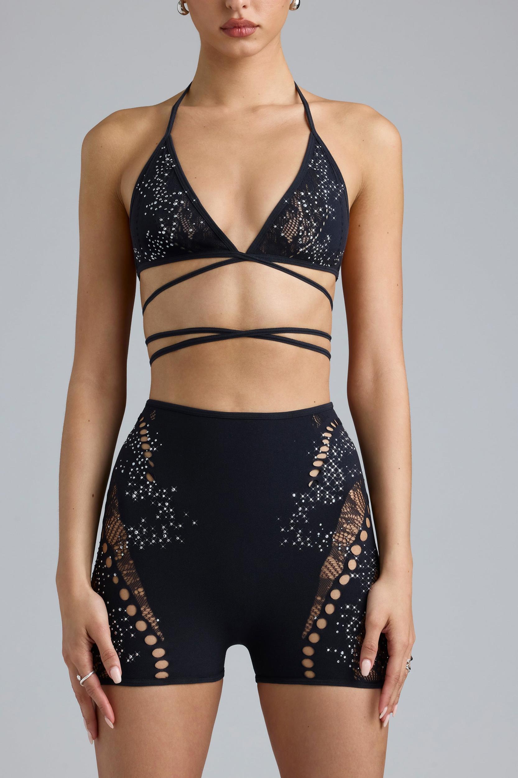 Embellished Cross-Strap Bikini Top in Black Female Product Image