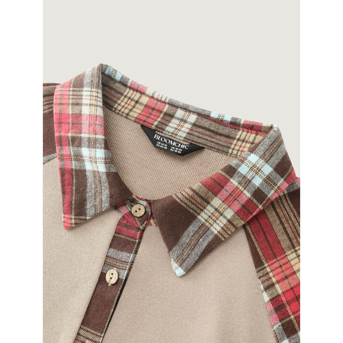 Plus Size Polo Collar Plaid Contrast Half-Placket Sweatshirt Women LightBrown Leisure Contrast Shirt collar Casual Sweatshirts BloomChic 14-16/1X Product Image