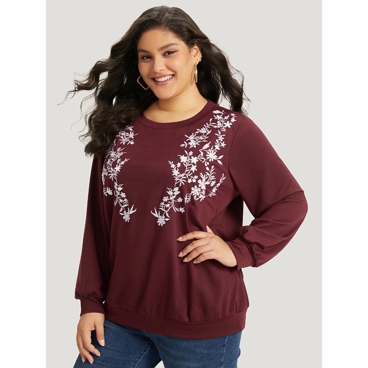 Plus Size Silhouette Floral Print Embroidered Crew Neck Sweatshirt Women Burgundy Casual Elastic cuffs Round Neck Dailywear Sweatshirts BloomChic 12/L Product Image