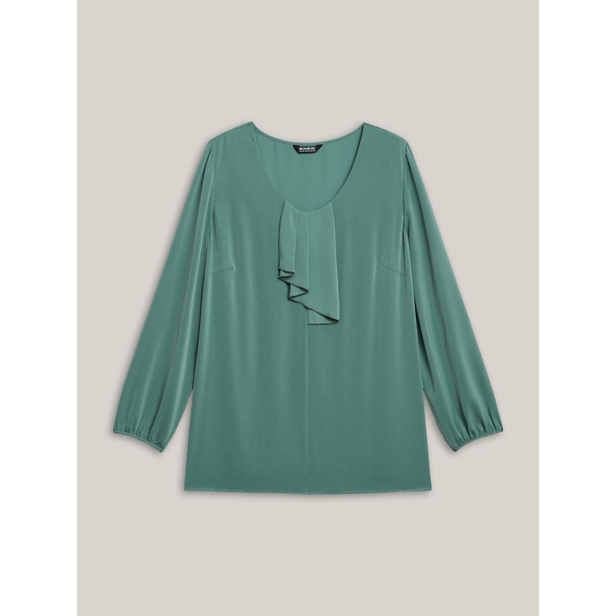 Plus Size Greenbean Ruffle Frill Trim Plain Lantern Sleeve Blouse Women Elegant Extra Long Sleeve Asymmetrical Neck Everyday Blouses BloomChic 22-24/3X Product Image