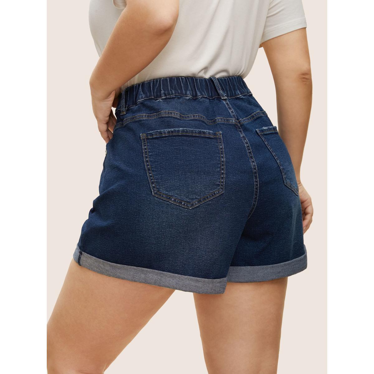 Plus Size Dark Wash Roll Hem Button Up Denim Shorts Women Denimblue Roll Hem High stretch Everyday Slanted pocket Casual Denim Shorts BloomChic 24/3X Product Image