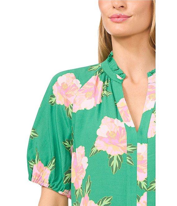 CeCe Woven Floral Print Round Neck Short Puff Sleeve Blouse Product Image