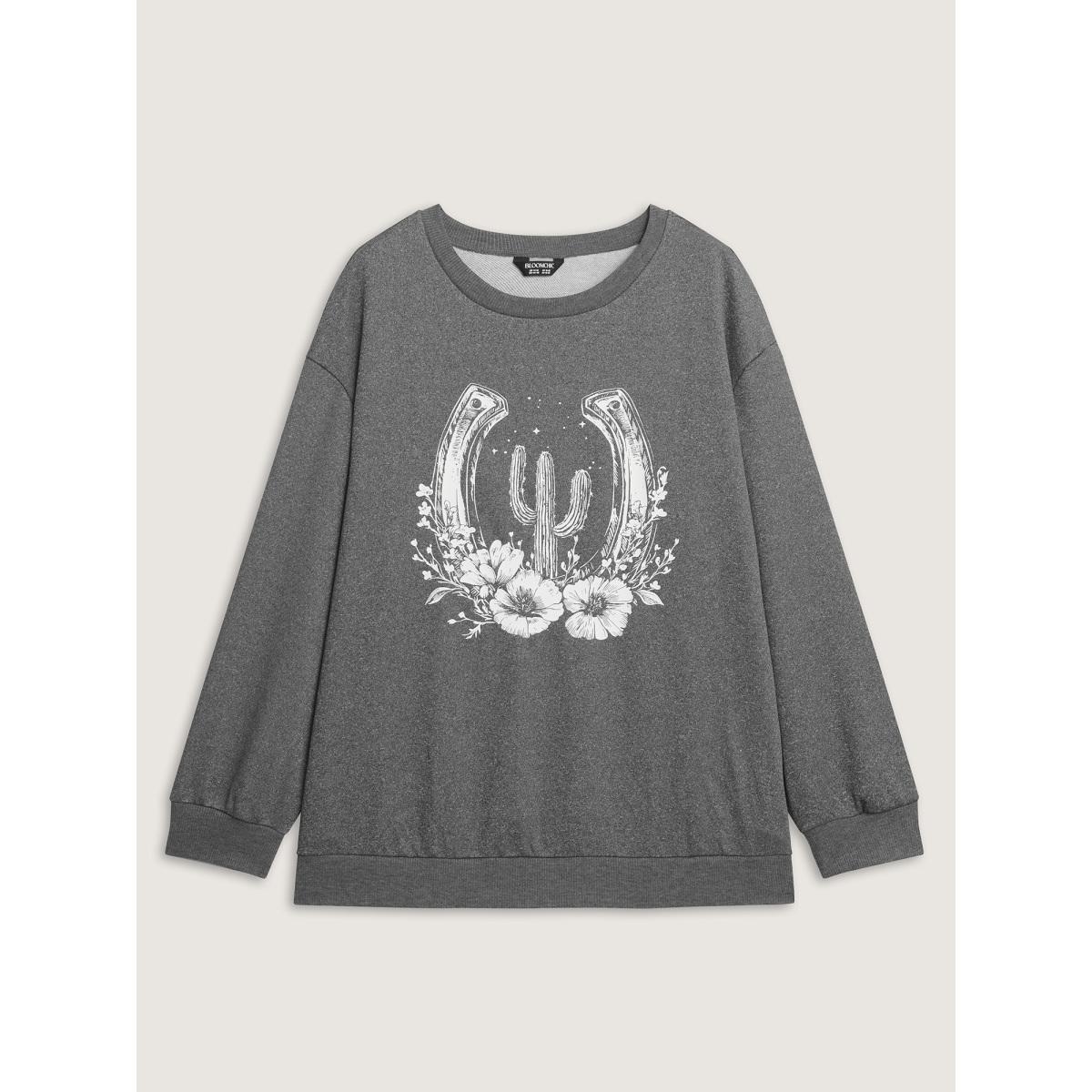 Plus Size Floral Cactus Drop Shoulder Sweatshirt Women DarkGray Leisure Texture Round Neck Casual Sweatshirts BloomChic 22-24/3X Product Image