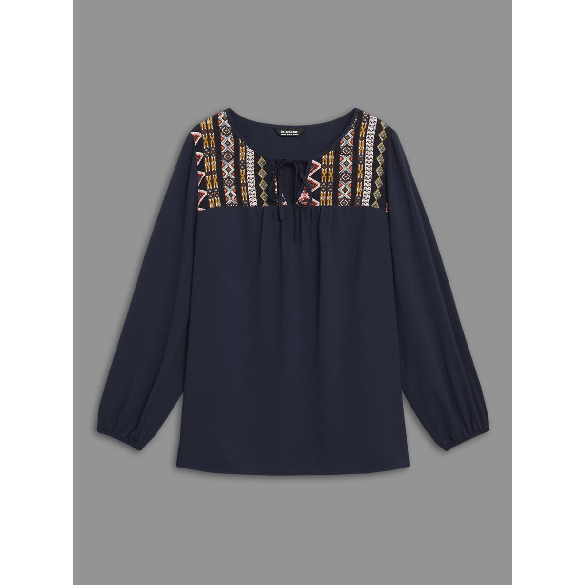 Plus Size Indigo Bandana Print Patchwork Ties Blouse Women Resort Long Sleeve Non Vacation Blouses BloomChic 18-20/2X Product Image