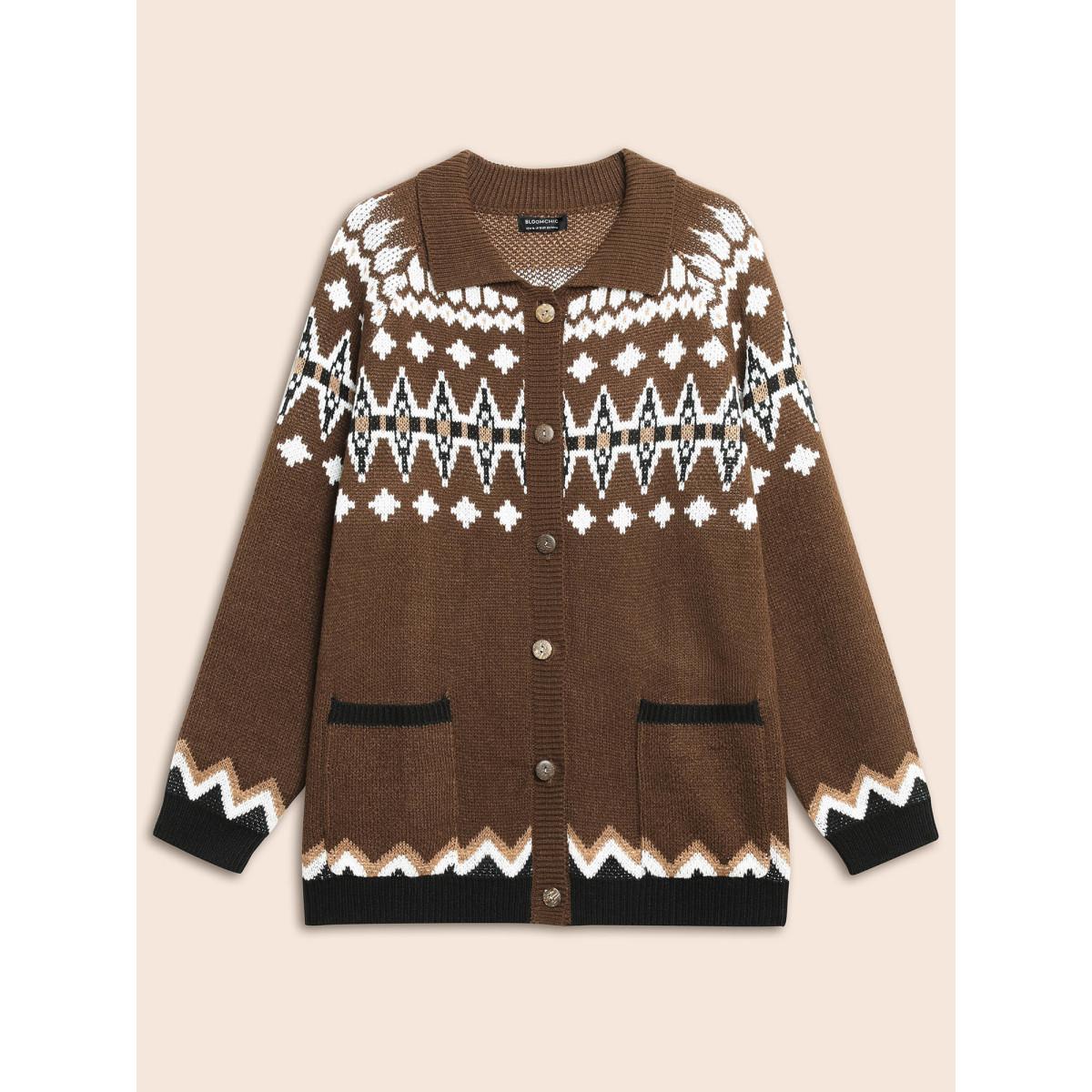 Plus Size Fair Isle Collared Button Down Cardigan DarkBrown Women Casual Loose Long Sleeve Everyday Cardigans BloomChic 18-20/2X Product Image