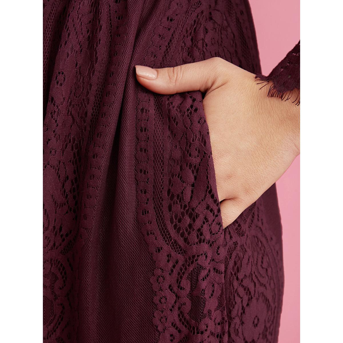 Plus Size Floral V Neck Pocket Contrast Lace Mesh Ruffles Dress Scarlet Women Glamour See through V-neck Elbow-length sleeve Curvy Midi Dress BloomChic 30/6X Product Image