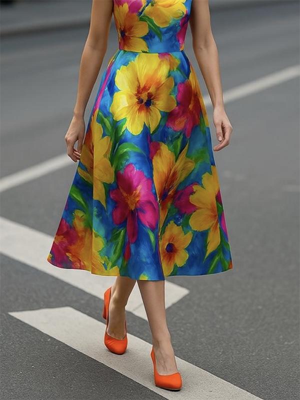 Sleeveless Contrast Color Flower Print Round-Neck Midi Dresses Product Image