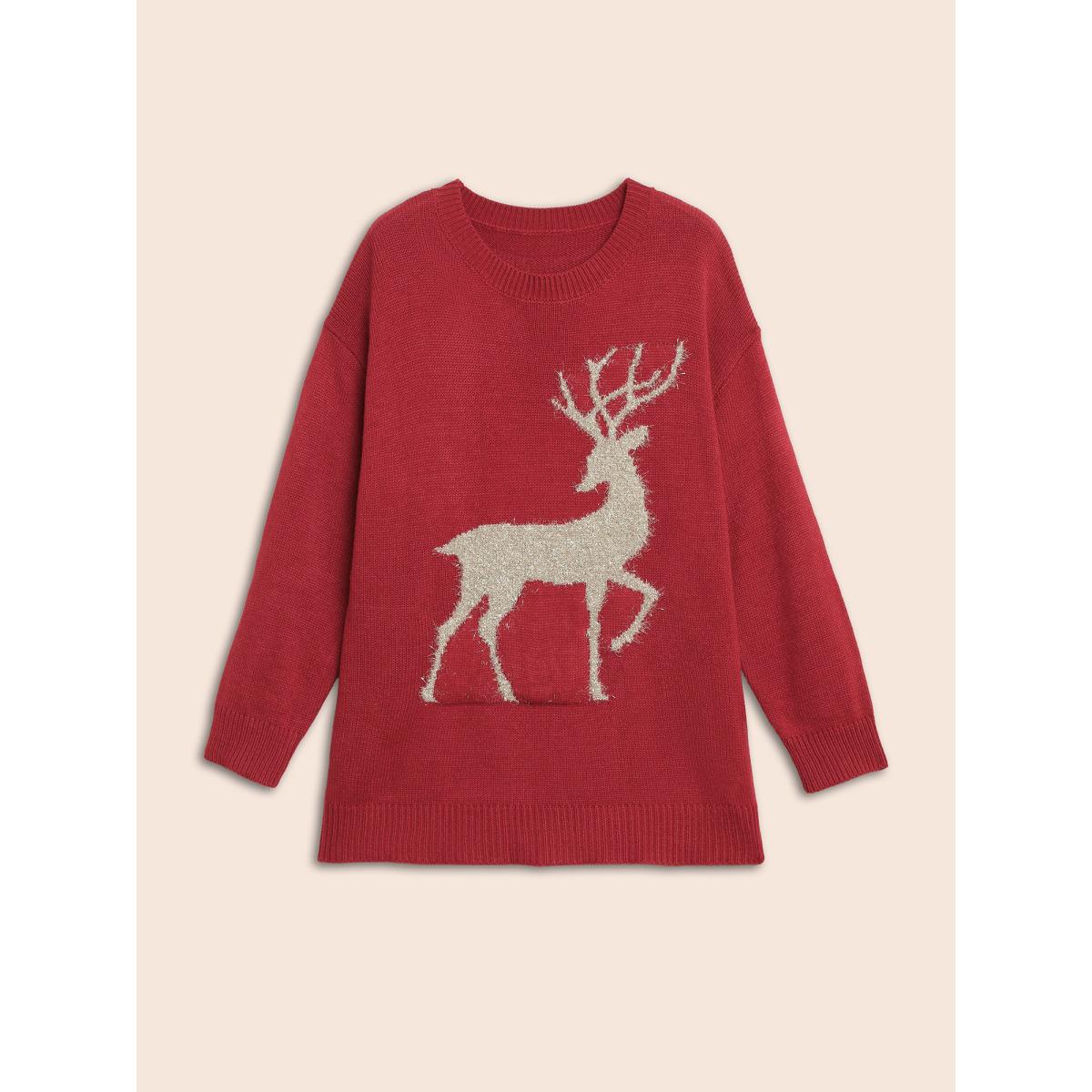 Plus Size Fuzzy Reindeer Motif Crew-Neck Pullover Scarlet Women Casual Loose Long Sleeve Round Neck Everyday Pullovers BloomChic 14-16/1X Product Image