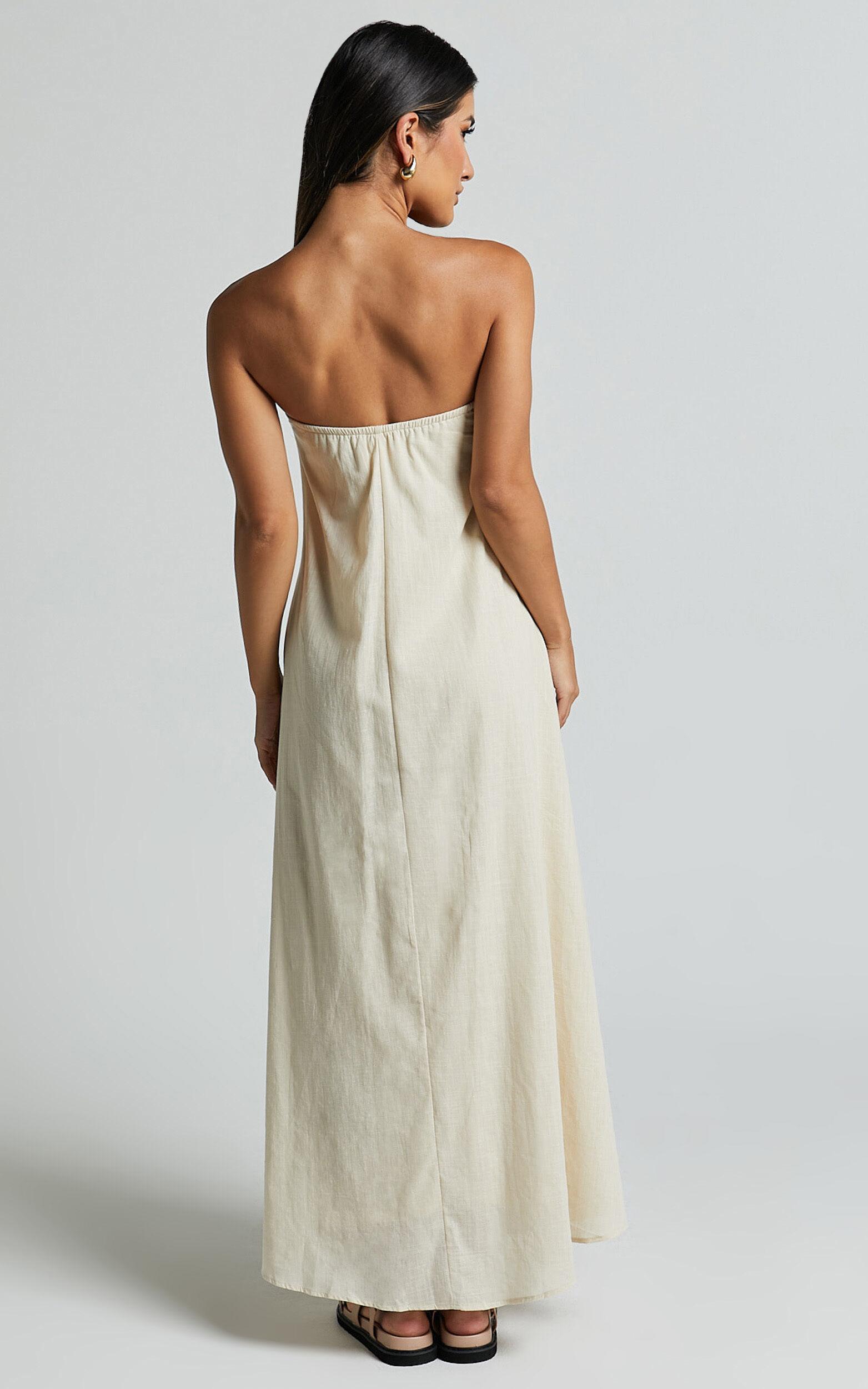 Adessa Maxi Linen Blend Dress - Strapless A Line Dress in Beige Product Image