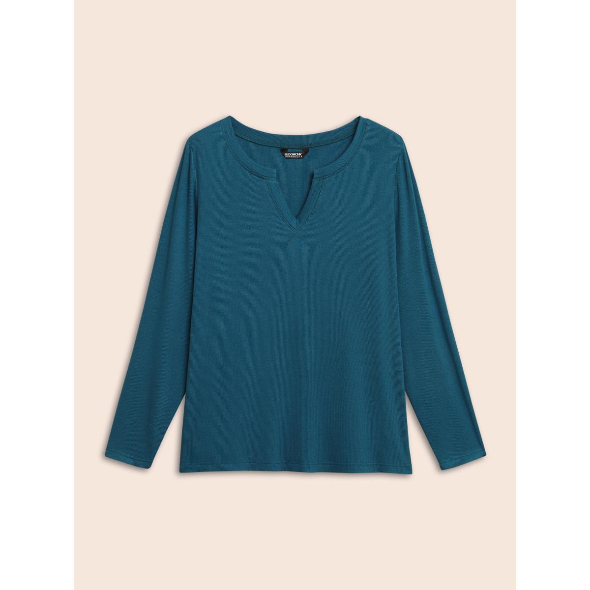 Plus Size Solid Notched Collar Rib Knit T-shirt Aegean Women Casual Texture Notched collar Everyday T-shirts BloomChic 14-16/1X Product Image