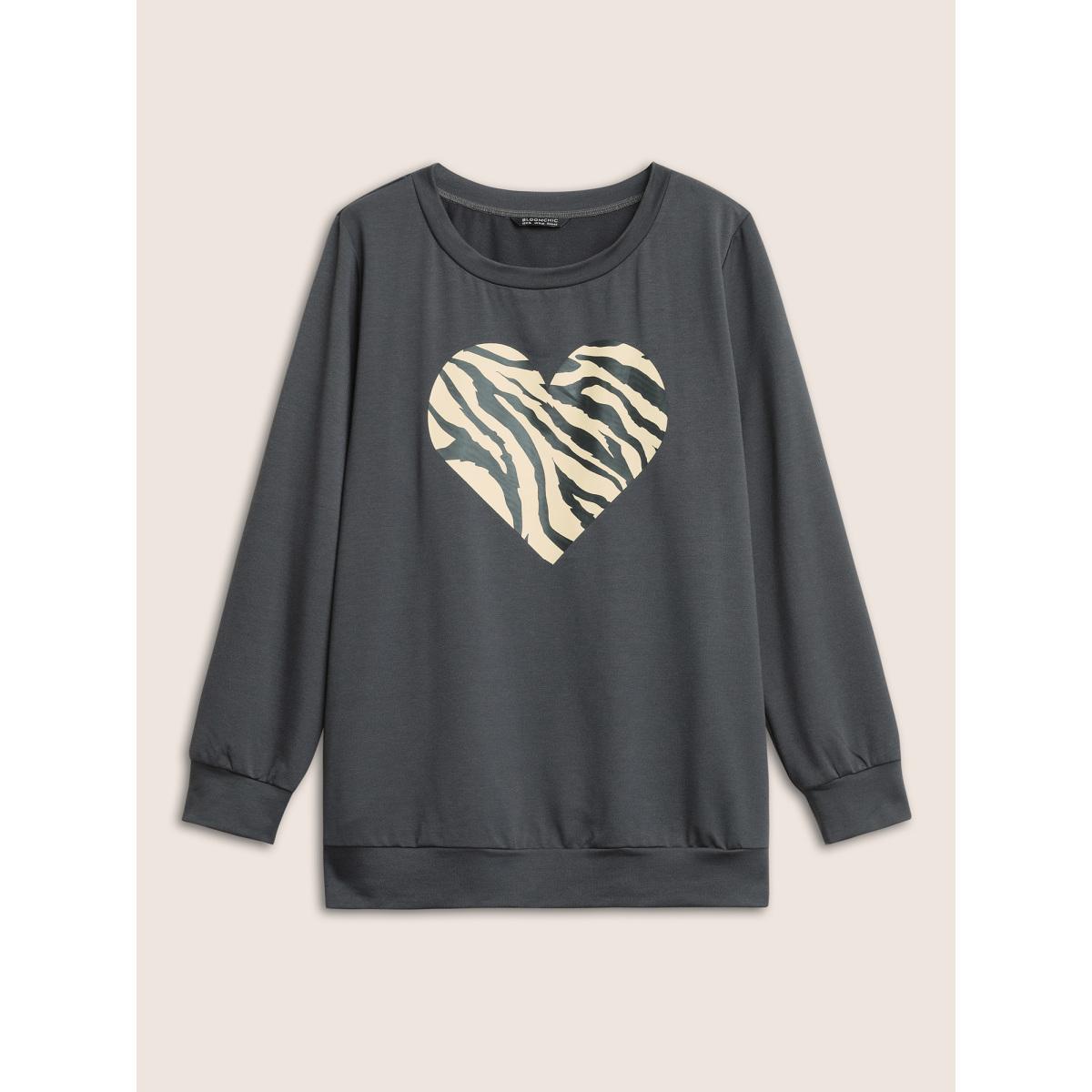 Plus Size Heart Pattern Contrast Crew Neck Sweatshirt Women DimGray Casual Non Everyday Sweatshirts BloomChic 10/M Product Image
