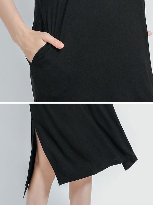 Simple Short Sleeves Loose Split-Side Solid Color V-Neck Pajamas Dress Product Image