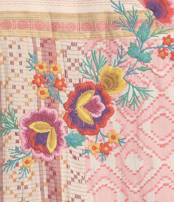 Tru Luxe Jeans Mixed Jacquard Embroidered Split V-Neck Long Sleeve Popover Top Product Image