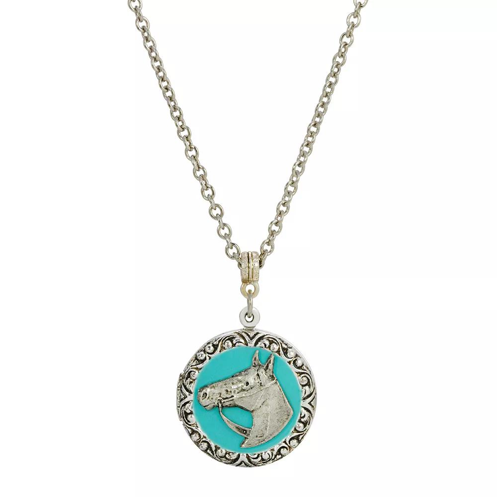 1928 Silver Tone Simulated Turquoise Enamel Horse Locket Necklace, Womens Product Image