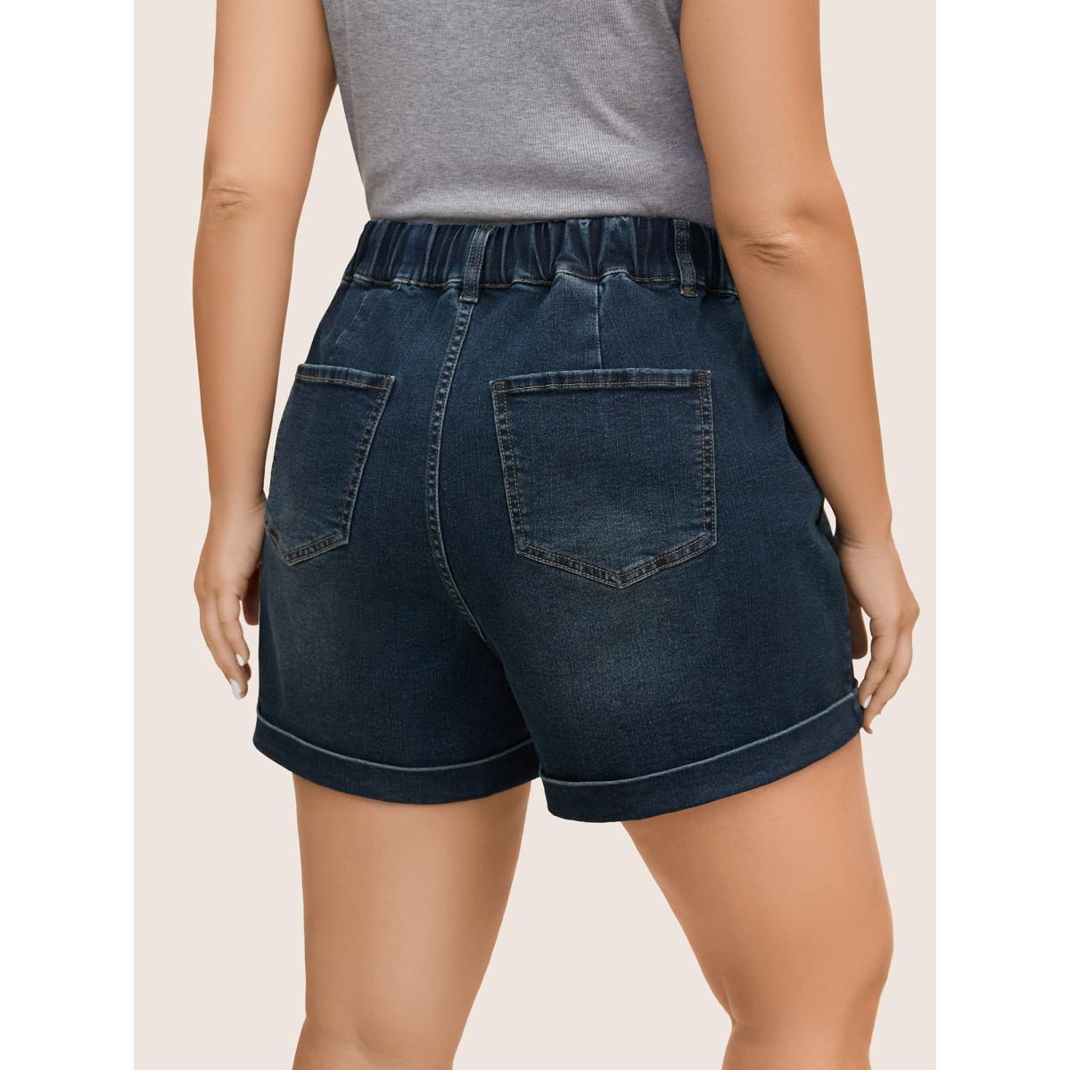 Plus Size Dark Wash Drawstring Roll Hem Denim Shorts Women Denimblue Roll Hem High stretch Everyday Slanted pocket Casual Denim Shorts BloomChic 28/5X Product Image
