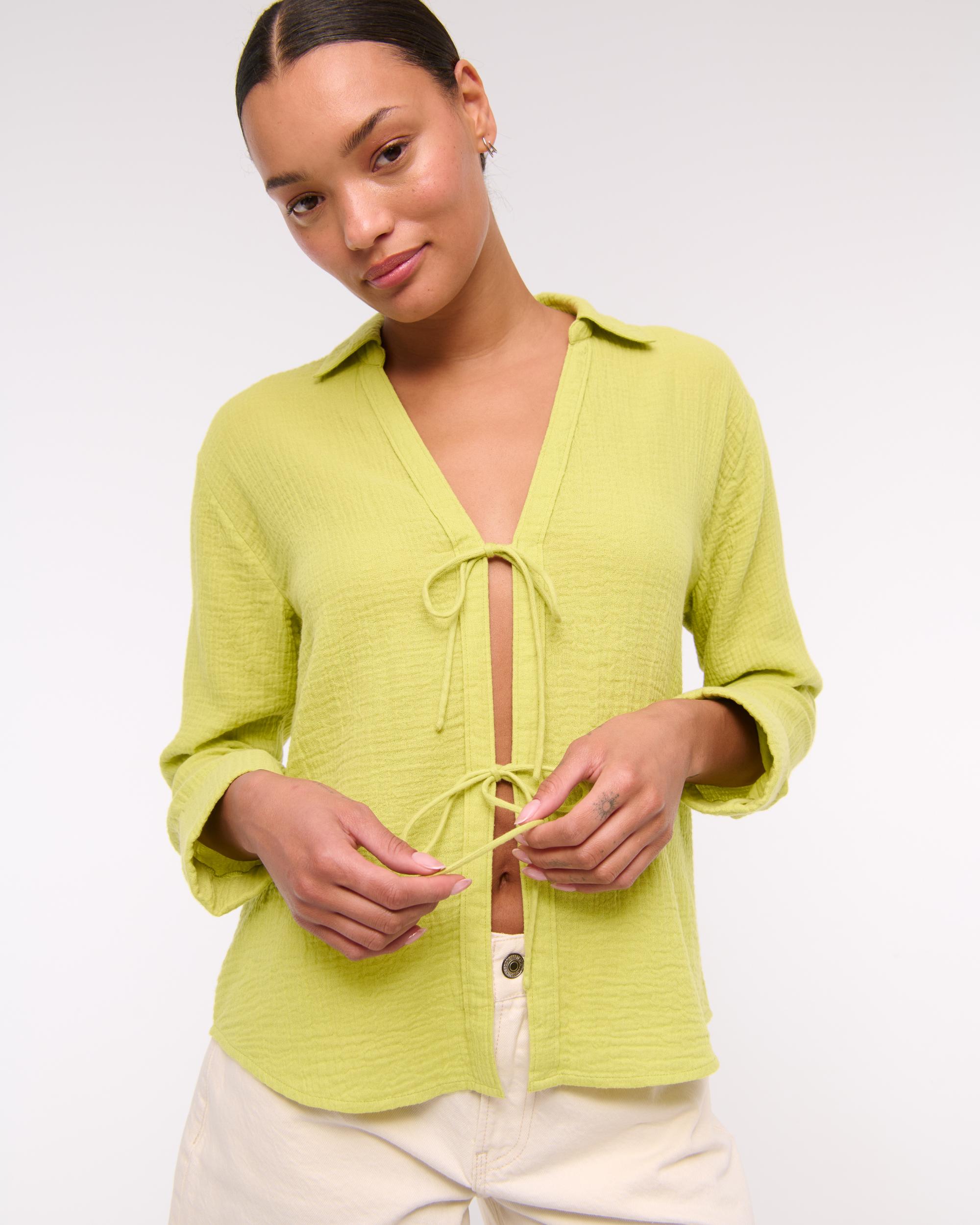 Long-Sleeve Oversized Tie-Front Gauzy Shirt Product Image