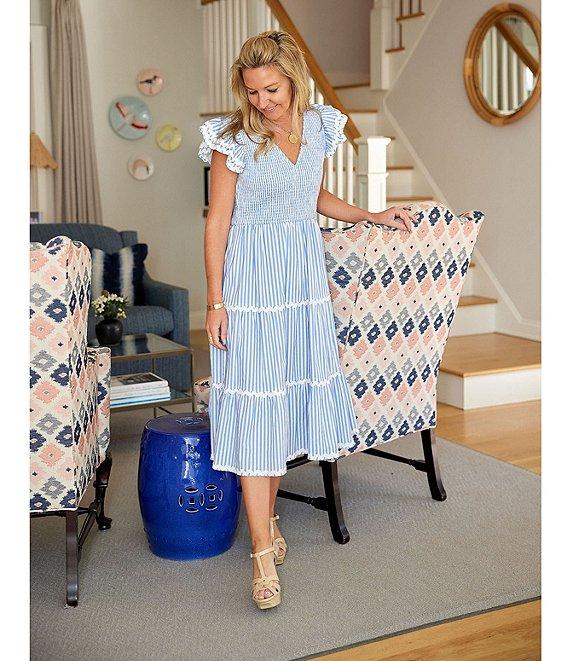 SAIL to SABLE Woven Stripe Print V-Neck Flutter Sleeve Tiered Dress Product Image
