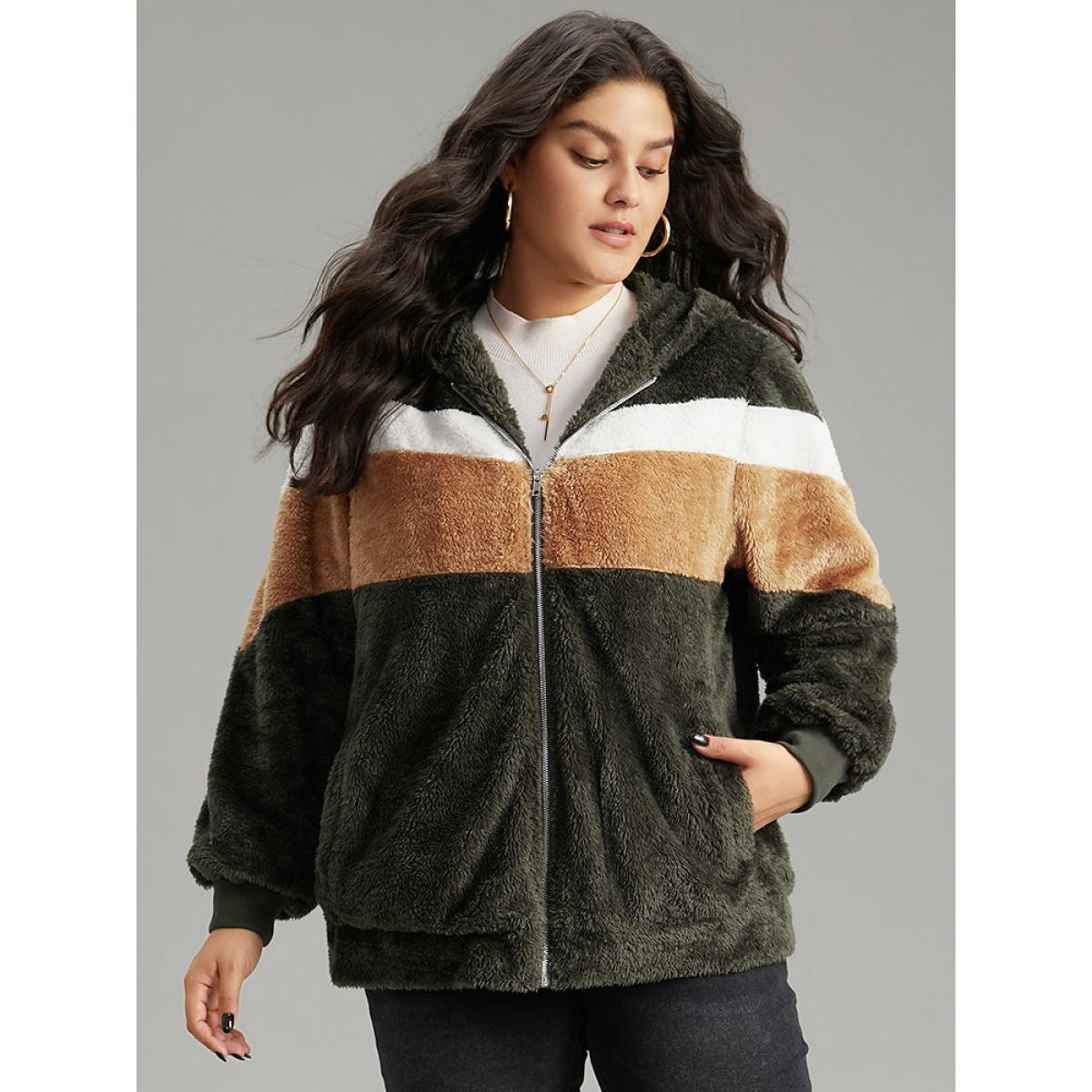 Plus Size Colorblock Contrast Fuzzy Zipper Jacket Women ArmyGreen Elastic cuffs Pocket Everyday Jackets BloomChic 14-16/1X Product Image