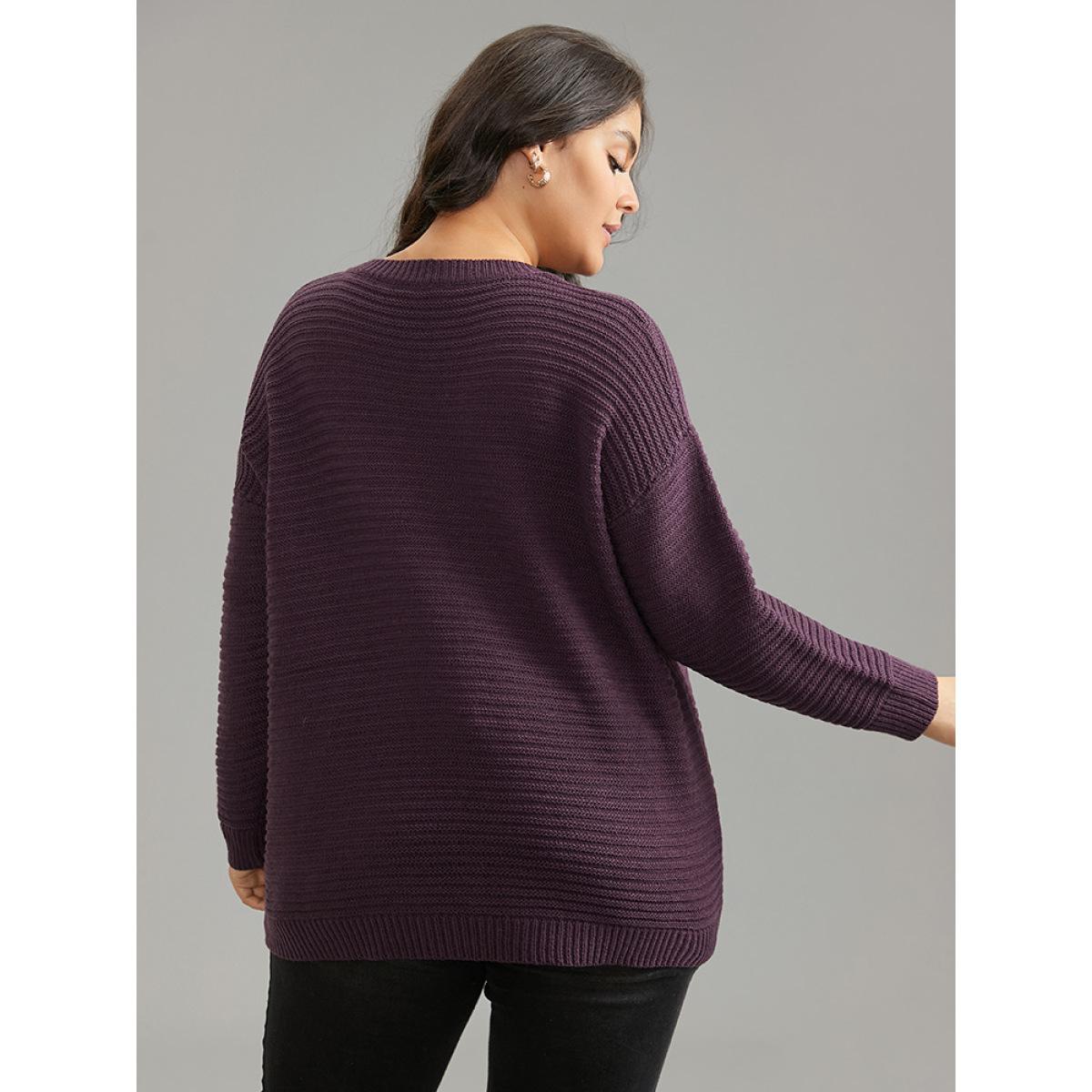 Plus Size Lace Up Plain Plisse Pullover Purple Women Casual Loose Long Sleeve V-neck Dailywear Pullovers BloomChic 10/M Product Image