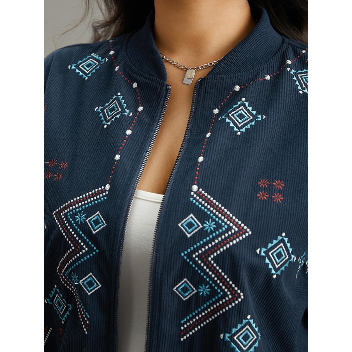 Plus Size Corduroy Geo Embroidered Zipper Fly Jacket Women Indigo Elastic cuffs Dailywear Jackets BloomChic 22-24/3X Product Image