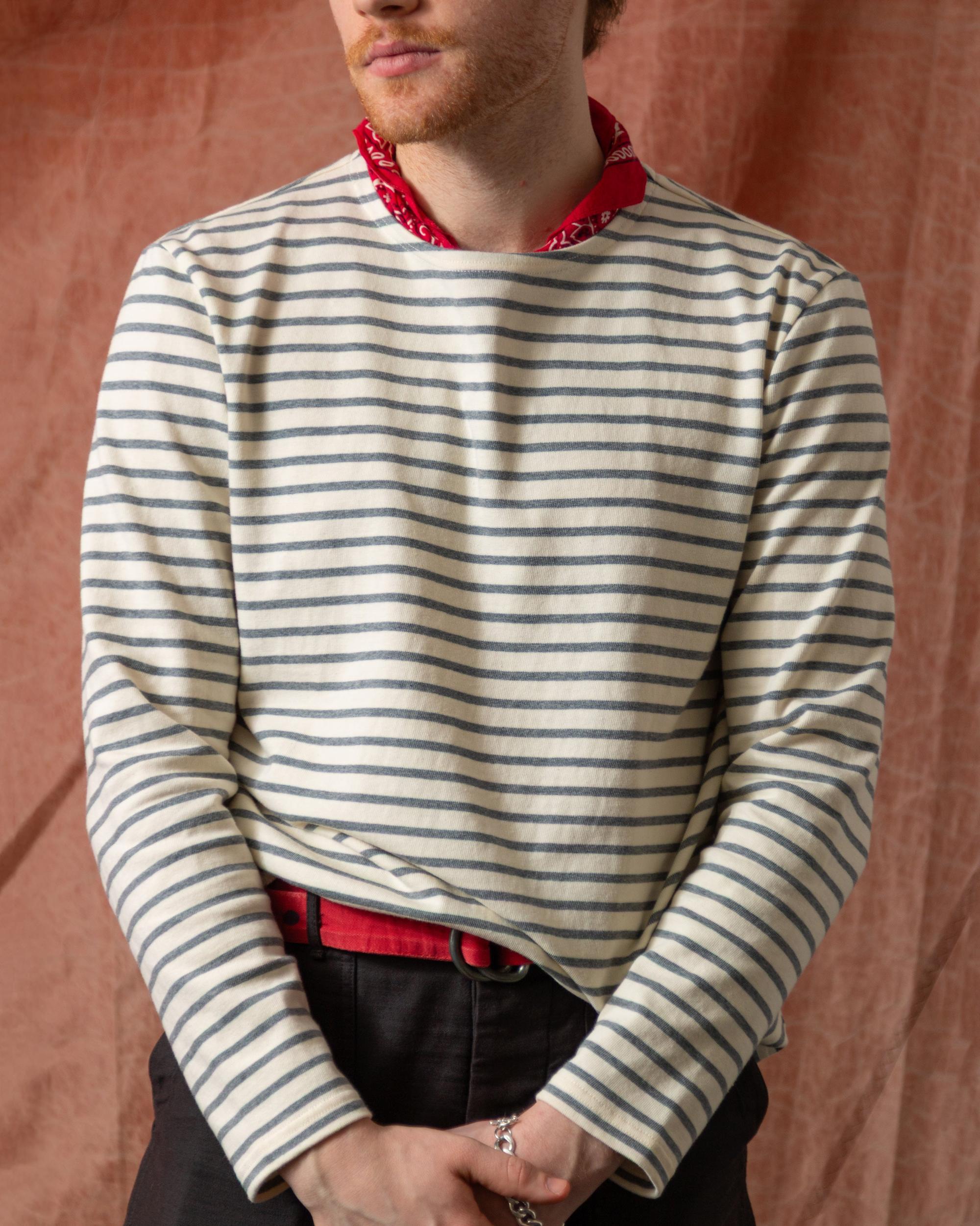 Men’s Breton Stripe Boatneck Tee in Off White/Heather Grey Product Image