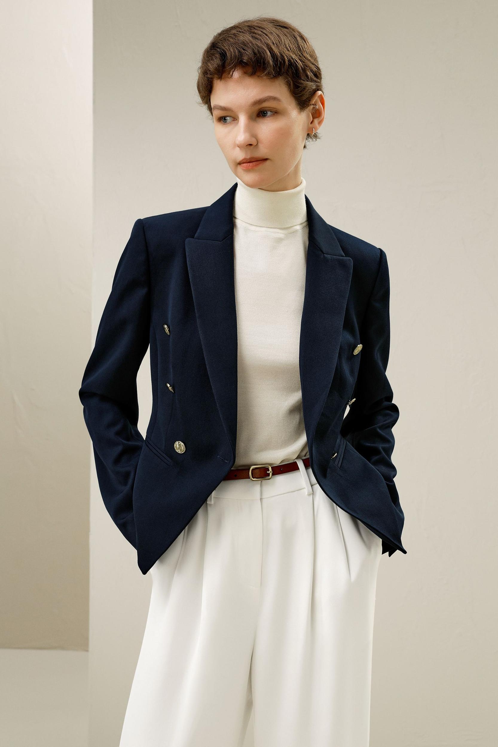 LILYSILK Woolen Blazer for Women Navy Blue Wool Wardrobe Must-Have Double-Breasted Blazer 12 Product Image