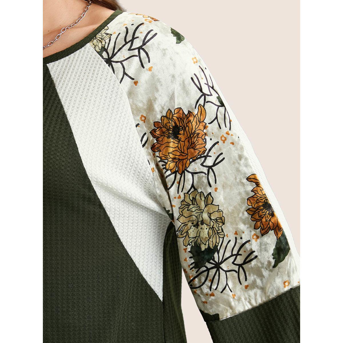 Plus Size Waffle Knit Patchwork Floral Print T-shirt ArmyGreen Women Casual Velvet Floral Round Neck Everyday T-shirts BloomChic 10/M Product Image