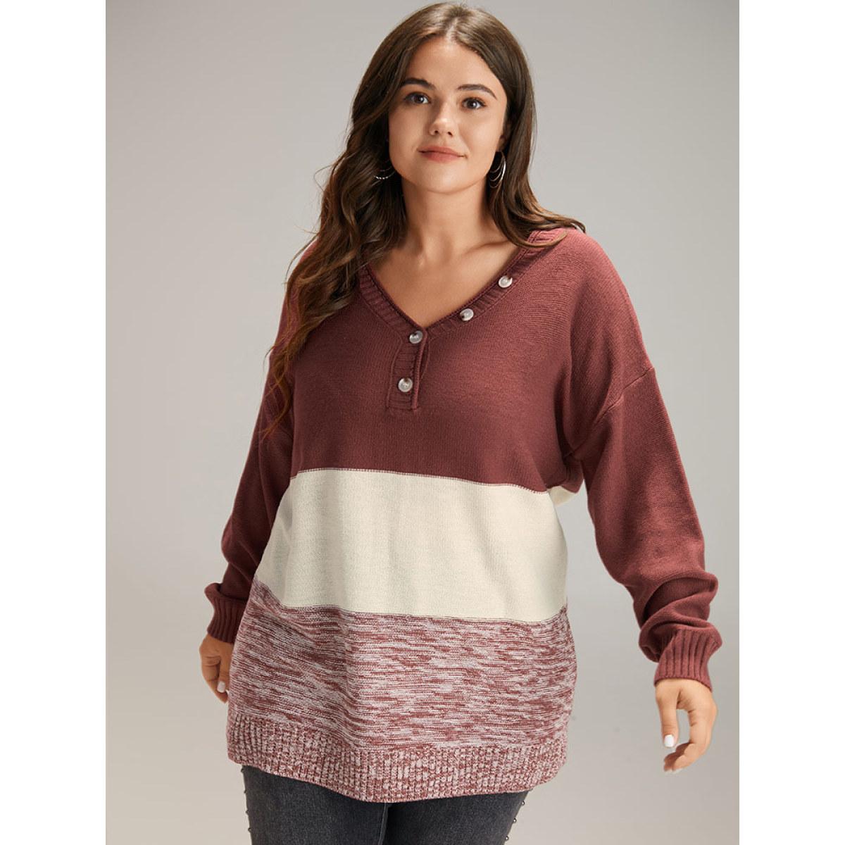Plus Size Contrast Heather V Neck Button Detail Pullover Russet Women Casual Long Sleeve V-neck Dailywear Pullovers BloomChic 22-24/3X Product Image