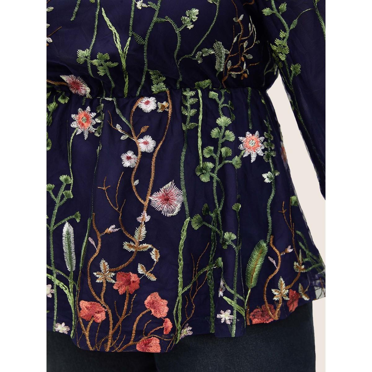Plus Size Indigo Plants Embroidered Mesh Crochet Gathered Blouse Women Cocktail Long Sleeve Round Neck Party Blouses BloomChic 28/5X Product Image