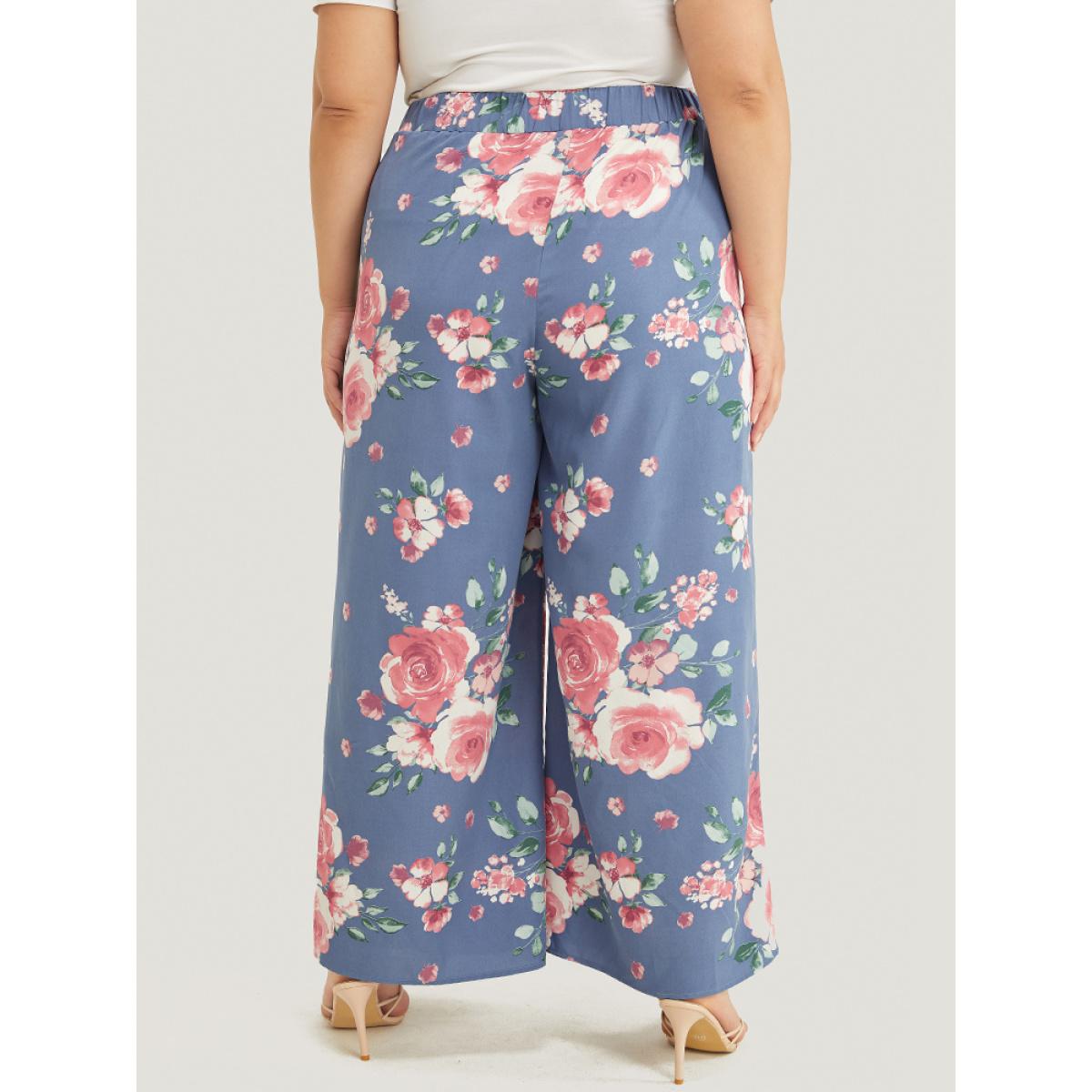 Plus Size Floral Print Pocket Split Wide Leg Pants Women Blue Elegant Mid Rise Dailywear Pants BloomChic 10/M Product Image